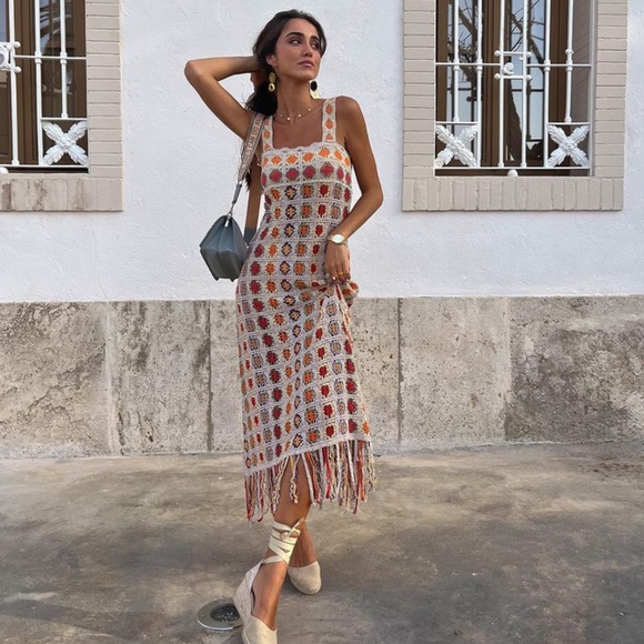 Zara Fringed Openwork Knit Dress 